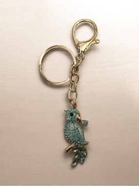 Gold-Tone Teal Parrot Keychain Charm